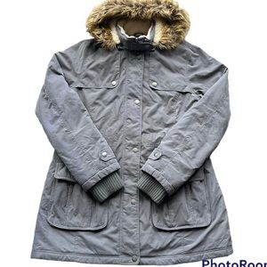 DKNY Grey Gray Removable Hood Faux Vegan Fur Utility Winter Coat Jacket pockets